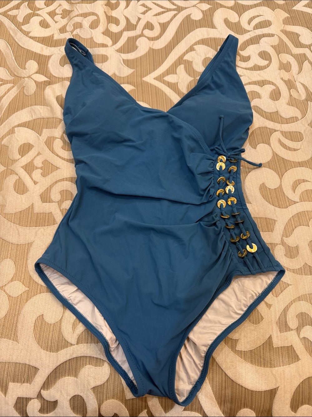 Gottex Teal Blue One-Piece Swimsuit with Side Lace-Up Detail